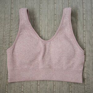 AERIE Ribbed Seamless Padded Sports Bra Bralette in Pebble Color L